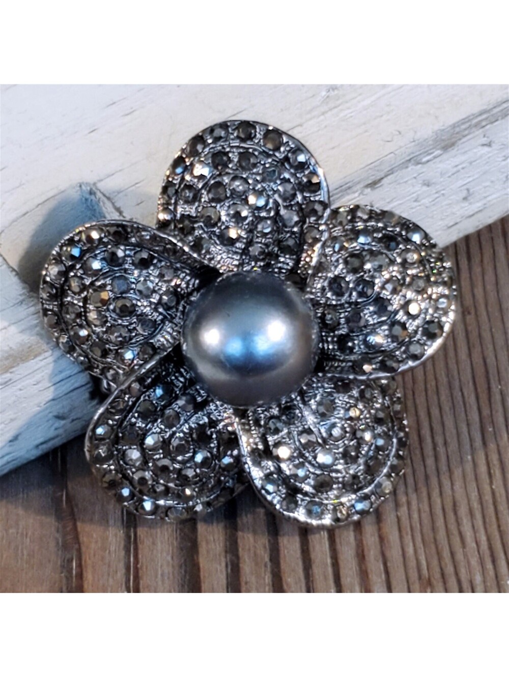 Bold Statement Gunmetal Black Gray Crystal Flower Adjustable Cocktail Ring